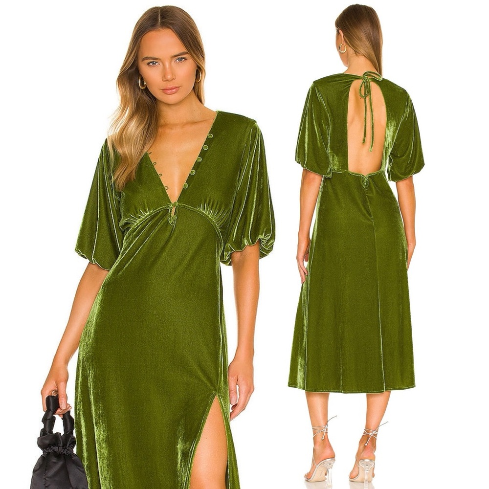 Tularosa Olive Green Velvet Midi Dress